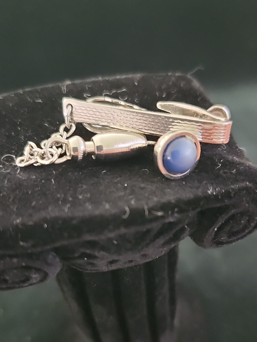 Vintage Hickok Silver Tone Tie Clip with Blue Cabochon Stone and Chain Assembly